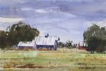 landscape, rural, barn, farm, cloudy, original watercolor painting, oberst
